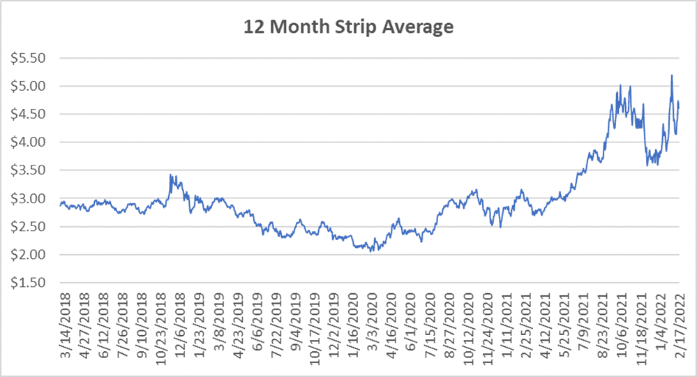 12 month strip graph for natural gas February 17 2022 report