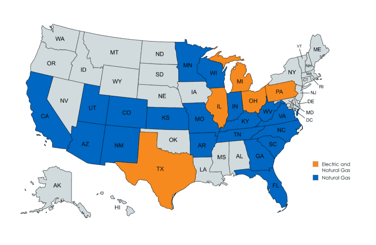 Renewable energy sources map in the US, highlighting states utilizing natural gas and electricity from alternative energy sources.